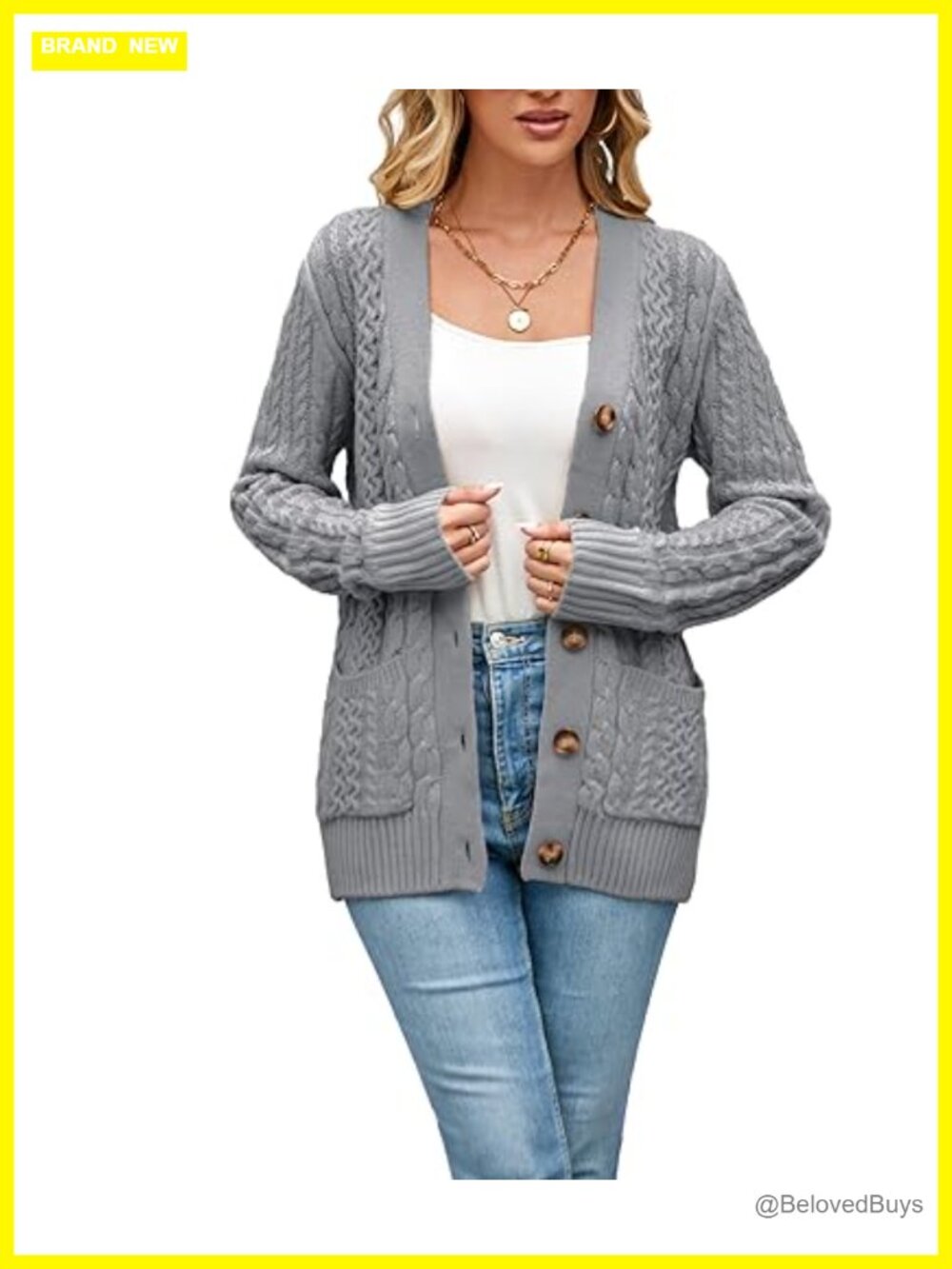 Cable Knit Cardigan Sweater Chunky Open Front Button Down with Pockets